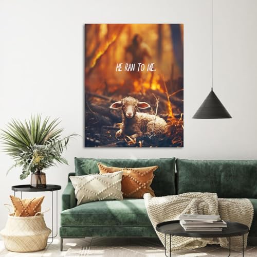 Image of GUN SUPPLIES OUTLET LLC Jesus Rescues Lost Lamb From Flames Religious Wall Art Christian Prayer Canvas Print for Wall Decoration 12x16 Inch
