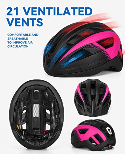 Funwict Adult Bike Helmet With Visor And Goggles For Men Women Mountain Road Bicycle Helmet Rechargeable Rear Light Cycling Helmet (L: 57-61 Cm (22.4-24 Inches), Black Pink) #TOP3