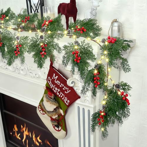 Image of 2025 New 6.56FT Christmas Garland Lights with 96 LED 8 Flash Modes Battery Operated Cypress Garland with Timer Lighted Xmas Pine Garland Christmas Decor for Mantle Fireplace Table Stairs Holiday