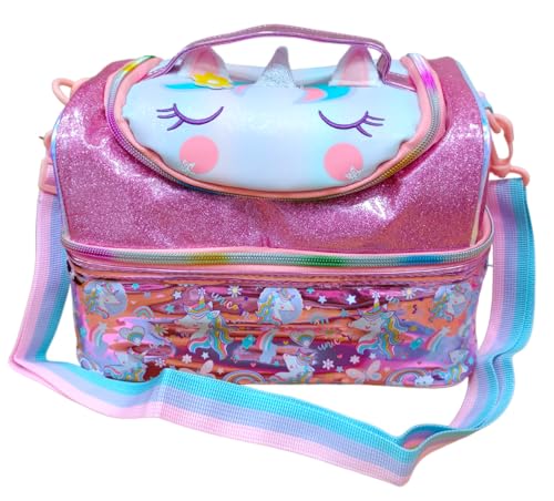 Image of Lunch Bag for Kids, Lunch Bag for Office Men, Women and Kids, Canvas Tiffin Bags for School, Picnic, Work, Carry Bag for Lunch Box and Water Bottle (Unicorn Pink Shining)