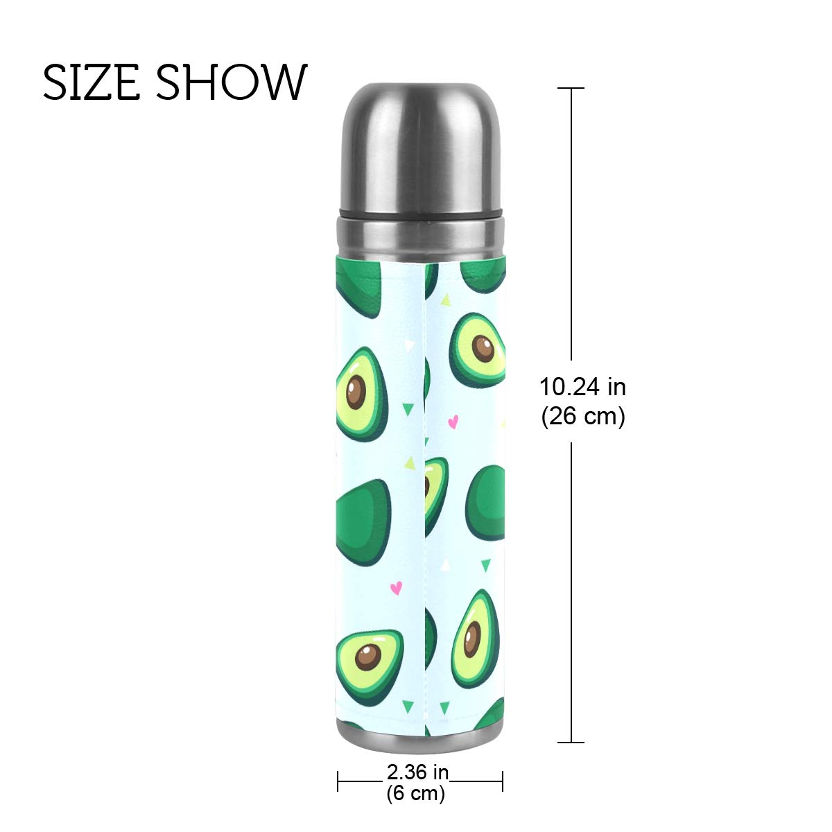 Taza de viaje aislada al vacío de acero inoxidable con doble pared a prueba de fugas, botella de aguacate, impresión personalizada impresa en piel auténtica, termo de 500 ml