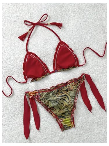 Women's 2 Piece Retro Cheetah Bathing Suit Halter Triangle Beach Swimsuit Tie Side Thong Bikini Sets2