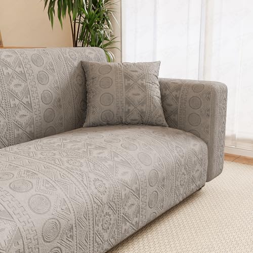 Image of Lukzer 1 Seater Pastel Light Grey Tribal Pattern Sofa Cover | 240 GSM Universal Stretch Fit Jacquard Fabric Couch Protector | Fully Covered Anti Slip & Washable Sofa Cover (90-140cm /SC-072-01)