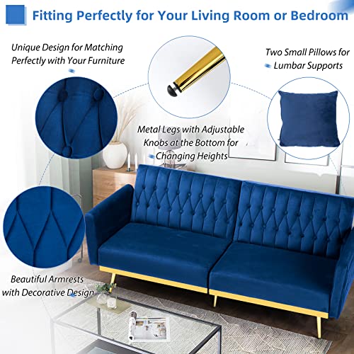Acmease 70” Velvet Futon Sofa Bed W/Adjustable Armrests And Backrest, Convertible Futon Couch W/2 Pillows, Modern Sleeper Bed For Living Room, Bedroom, Blue #TOP1