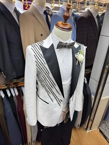 Men's Suits Slim Fit White Jacquard Jacket Suit Luxury Tuxedo with Bead Rhinestone for Wedding Groomsman Set4