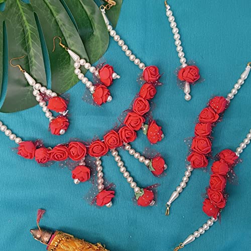 Efulgenz Flower Jewelry Set Floral Jewelry Indian Handmade Faux Pearl Beaded Necklace Earrings Maangtikka Bracelet Jewelry Set for Bridal Wedding Haldi Mehandi Jewelry for Women2