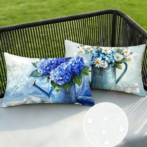 Housse de coussin fleur impression recto verso avec textile imperméable bleu - 5