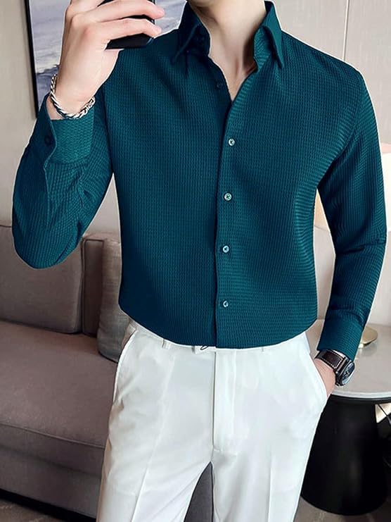 Image of GRECIILOOKS Men's Formal Button Down Shirt - Slim Fit Shirt's for Men | Textured Long Sleeve Polycotton| Business & Meeting Ready (Available in Plus Size)