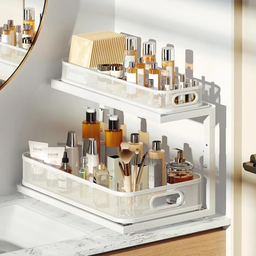 Image of 2-Pack 18.5 IN Depth Under Sink Organizer With Next-Gen Ball-Bearing Slides,Sophisticated Mesh 2-Tier Pull Out Shelf for Kitchen & Bathroom,Fits Small Items-White(Patented)