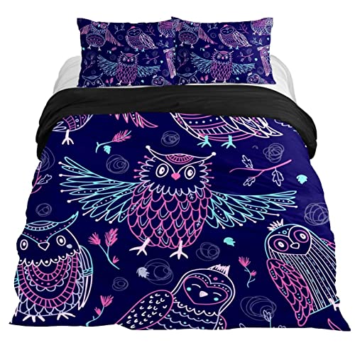 Duvet Covers Set King Cute Owls Tribe Floral Pattern - Soft And Breathable Microfiber Comforter Bedding Set With Zipper Closure For Kids Women Men, 1 Duvet Cover 2 Pillowcase #TOP28