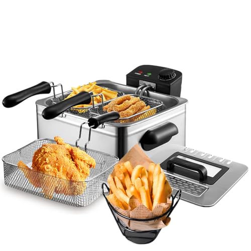 Electric Deep Fryer with Lid, 5 Litre Deep Fryer with 3 Basket, Knob Temperature Control, View Window, 2000W, Perfect for Kitchen, Fry Fish, Fried Chicken, Shrimp, Chips&More,Stainless Steel(AU PLUG)