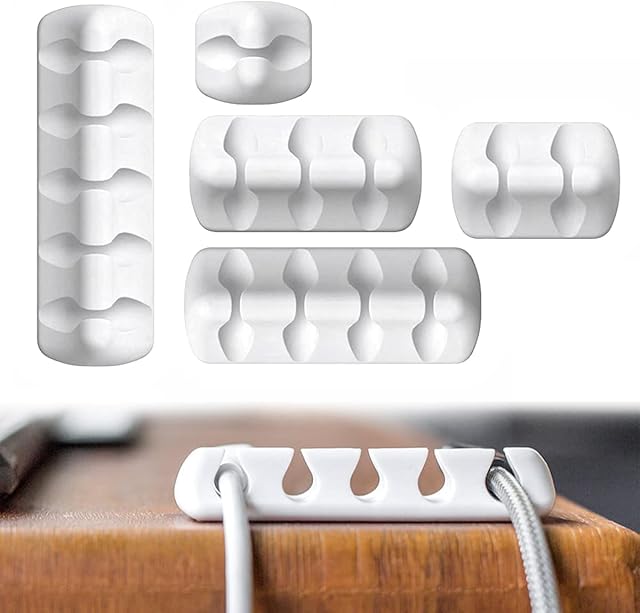 Cable Management, 5-Pack Cable Holder Clips, Cable Tidy Cable Organisers Silicone Self Adhesive USB Charging Wire Wire PC Office Home (White)