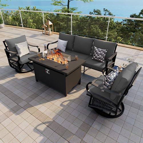 Image of 5-Piece Outdoor Furniture Set, Metal Swivel Rocking Chairs with All-Weather Cushions, Rope Patio Conversation Set with Fire Pit Table for Deck, Porch, Garden, Backyard, Poolside (Gray Cushions)