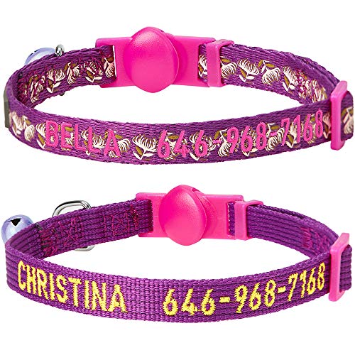 Blueberry Pet Pack of 2 Personalized Stunning Plum Cat Collars with Bell & Detachable Flower, Adjustable Breakaway ID Collars Embroidered with Pet Name & Phone Number