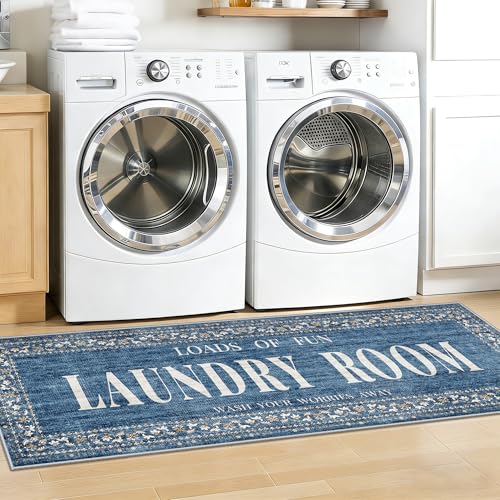 Non-Slip 20"x60" Laundry Room Rug: Washable Vintage Runner Rug for Bathroom Washroom Mudroom - Water Resistant Durable Laundry Floor Mat - Low-Pile Distressed Carpet for Pets Kids Family 1.7x5ft Blue