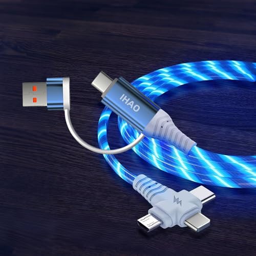 Image of IHAO Multi Ports Light-Up USB Cable USBA /USB C to USBC /MicroUSB Cable Durable Fast Charging Cable with Visible Current Flow As Night Light Use-6in1 Blue
