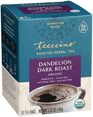 Teeccino Dandelion Root Tea - Dark Roast - Caffeine Free, Organic, Roasted Herbal Tea with Prebiotics, 3x More Herbs than Regular Tea Bags - Gluten-Free, Acid-Free Coffee Alternative - 10 Tea Bags