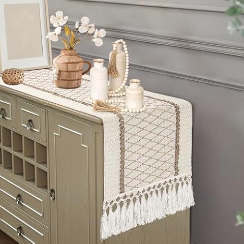 yuboo Boho Table Runner 72 Inches Long, Rustic Farmhouse Dresser Cover Top with Tassels, Dresser Runners for Bedroom, Coffee Table, Dining Room, Bohemian Spring Easter Table Decor Cover