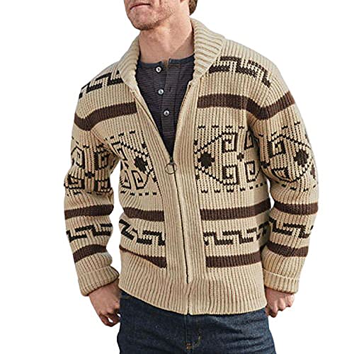 Homisy Cardigan Sweaters For Men Turn-Down Collar Zipper Up Long-Sleeve Soft Touch Old Fashion Autumn Sweater Vintage Coat Khaki X-Large #TOP4