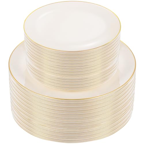 PULOTE 100PCS Ivory Plastic Plates - Cream Plastic Disposable Heavy Duty for Party & Wedding - Include 50 Each (Dinner & Dessert) Plates