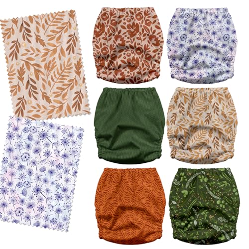 Mama Koala 3.0 Cloth Diapers for Babies with Suede Cloth Lining, 6 Pack with 6 Natural Diaper Inserts - Reusable Pocket Diapers (Neutral Leaves)