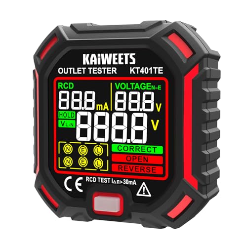 KAIWEETS Comprobador de enchufes con prueba de RCD y pantalla LCD de voltaje, indicador de tensión, 7 pruebas de cableado, medición de tensión de fuga, comprobador de enchufes 200-250 V, CAT II 300 V