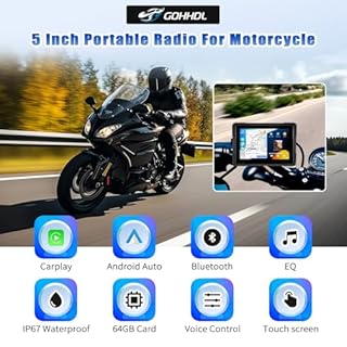 GOHHDL Moto Carplay Écran avec sans Fil Carplay Android Auto, 5 Pouces IP67 Étanche Portable pour Moto avec Navigation Siri Bluetooth Trans Airplay Android Cast EQ +64G TF Card