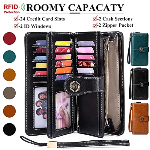 Image of Women Leather Wallet Crossbody Shoulder Bag with Double Zipper and Mobile Phone Purse with Shoulder Strap