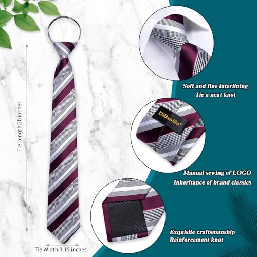 Image of DiBanGu Mens Zipper Tie Silk Pre-Tied Necktie with Gift Box | Jacquard Woven,Paisley Solid Plaid Pattern,6PCS with Pocket Square,Cufflinks and Lapel Pin,for Wedding Party Formal Business