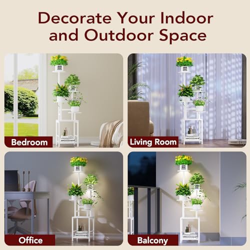 Image of Homsorout Plant Stand Indoor with Grow Light, 5-Tiered Tall Plant Stand Indoor, Metal Plant Shelf with Adjustable Light, Ideal for Living Room, Garden, Round Patio white