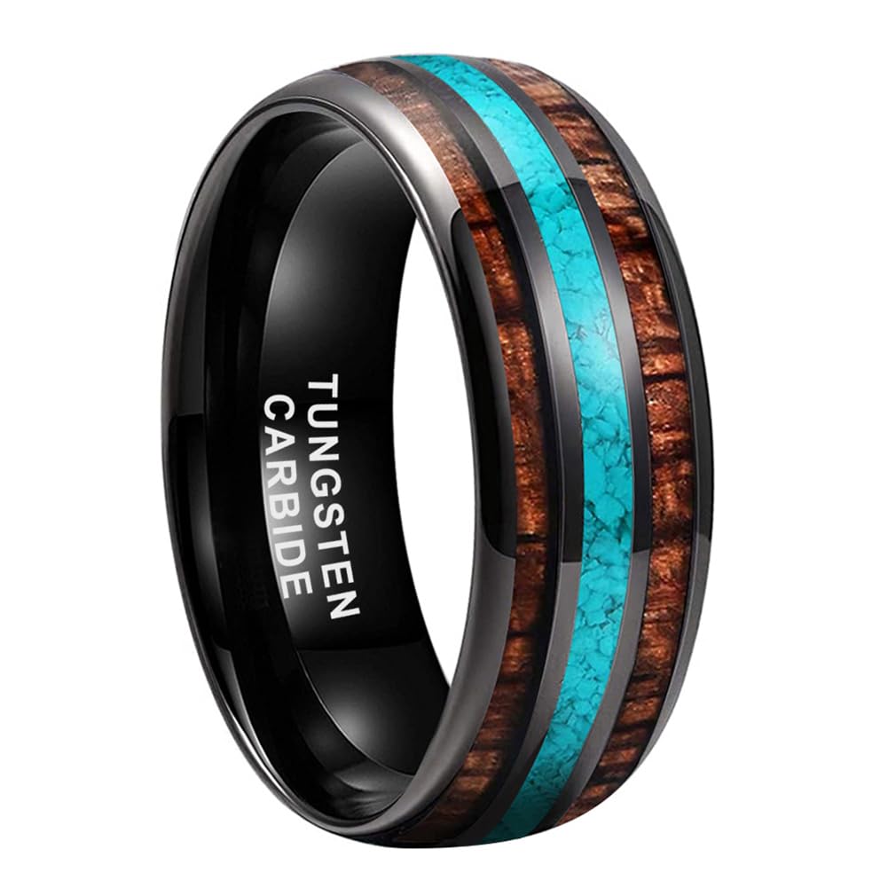 TUTISS 8mm Silver Black and Gunmetal Tungsten Rings for Men Women Wedding Bands Crushed Turquoise Koa Wood Inlay Domed Polished Comfort Fit