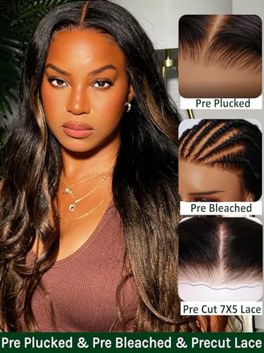Image of KLAIYI Ombre Brown Yaki Straight Bye Bye Knots Precut 7x5 Lace Front Wigs Human Hair Glueless Drawstring Pre Plucked Bleached 3S Ready to Wear and Go Wig with Dark Roots Chestnut Balayage Brown 24Inch