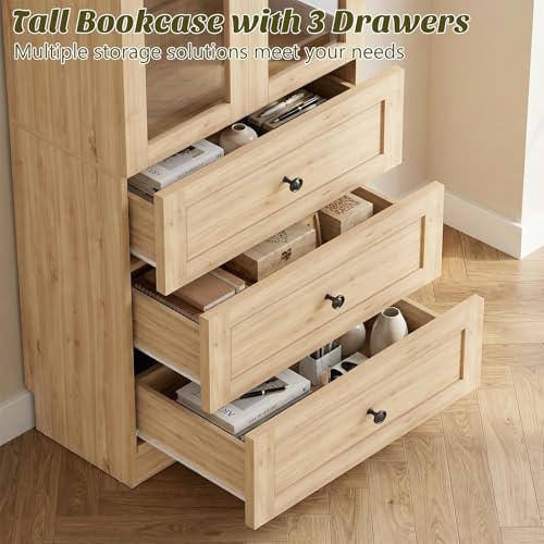 Image of Cyclysio 80 inch Tall Pantry Cabinet for Kitchen Storage, 2 Set Natural Oak Pantry Cabinet with Glass Doors & 3 Drawers - Freestanding Storage Bookcase with Built-in Baseboard Notch for Dining, Living