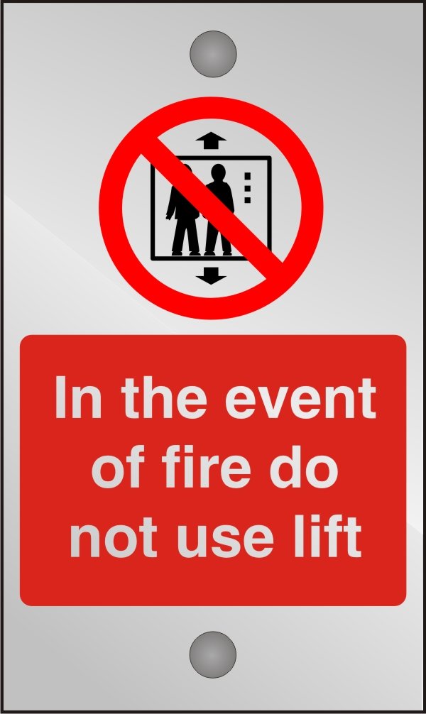 Seco in The Event of Fire Do Not Use Lift Sign, 120mm x 200mm - 5mm Clear Acrylic with Stand Off Fixings