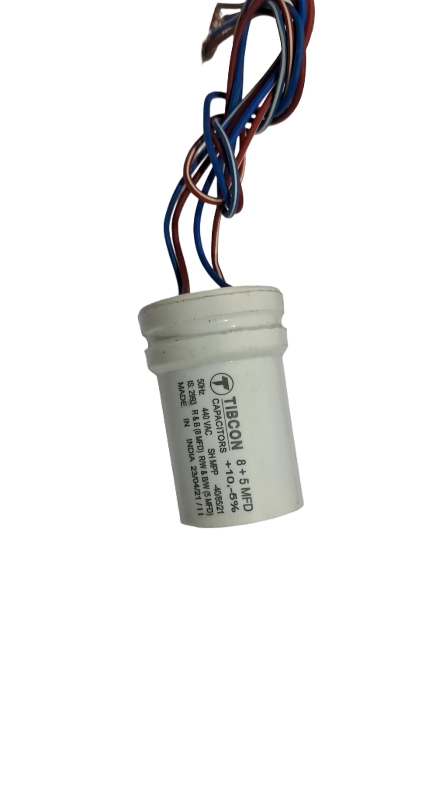 8+5mfd Capacitor for Washing Machine - 8mfd Wash + 5mfd Dry - Round Aluminum, Ceramic/Plastic Snap-In Mount Capacitor