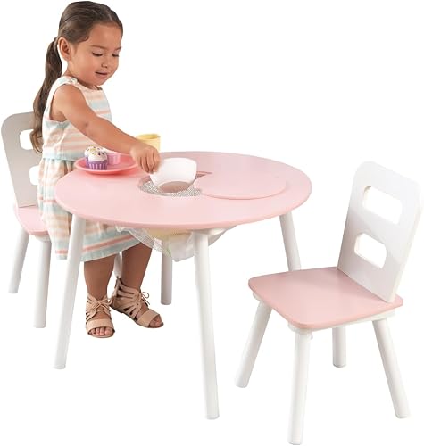 Miniatura 1 de KidKraft Juego de mesa redonda de madera y 2 sillas con almacenamiento de malla central color rosa y blanco