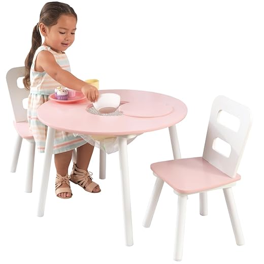 KidKraft Wooden Round Table & 2 Chair Set with Center Mesh Storage - Natural & White, Gift for Ages 3-6