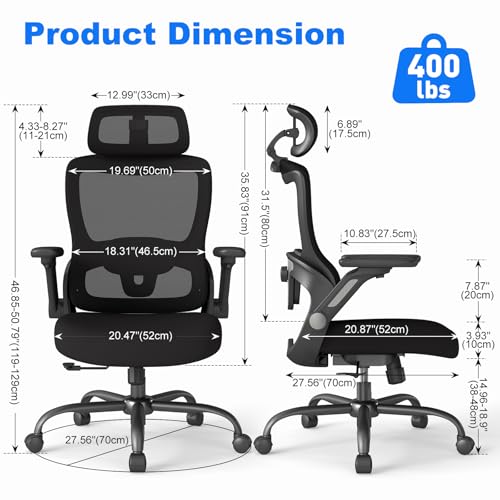 Image of Ergonomic Office Chair, High Back Home Desk Chair with Adjustable Lumbar Support, Flip-Up Arms, Headrest, 90-135 Tilt Lock, Wide Big and Tall Mesh Computer Seating with Wheels