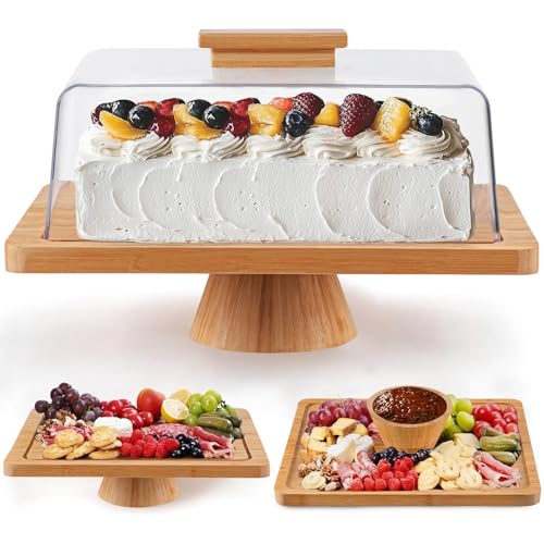 HBlife 16.5" Cake Stand with Lid, Rectangular Bamboo 2-in-1 Display