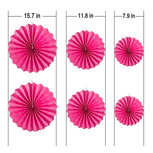 Image of MOWO Hot Pink Paper Fans Hanging Decoration, 6pc | Summer birthday graduation wedding retirement baby shower new year valentines day party decoration