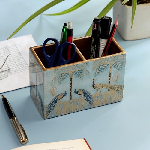 Image of DULI Multipurpose Stand, Cutlery Holder, Spoon Stand, Table Organizer with 2 Sections, Chammach Stand (10cm x 15cm) (MCDPSDbl- BlueGoldenPeacock)