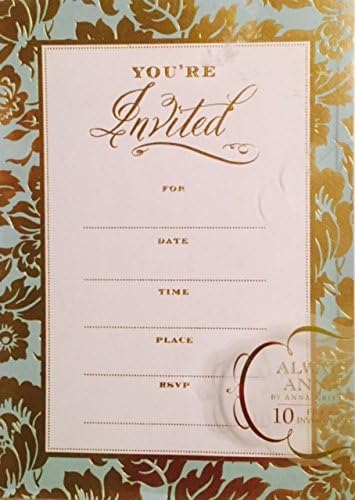 Gold Foil Embellished Youre Invited Light Blue Boxed Party Invitations- 10 Single Panel Fill-in Invitation Cards & White Envelopes