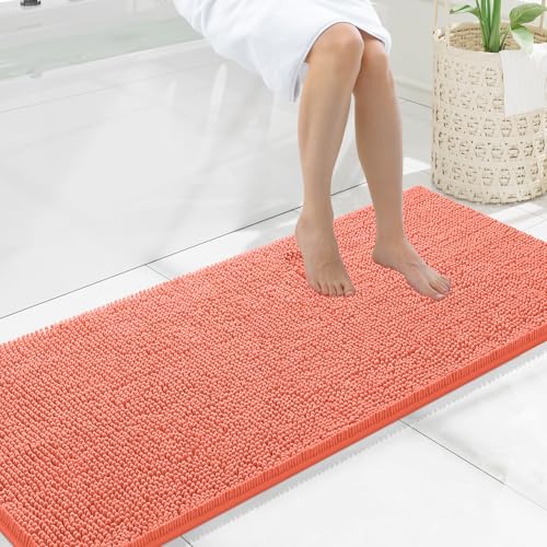 Smiry Luxury Chenille Bathroom Rugs 59x20, Extra Soft and Absorbent Shaggy Bath Mat, Machine Washable, Non-Slip Plush Carpet Runner for Tub, Shower, and Floor, Home Decor Accessories, Coral