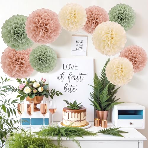 Image of EASY JOY Sage Green Tissue Pom Poms Paper Flowers Decorations Natural Green Boho Hanging Decor for Safari Jungle Party Bridal Shower Baby Shower Home Decor Nursery Birthday Backdrop 15PCS