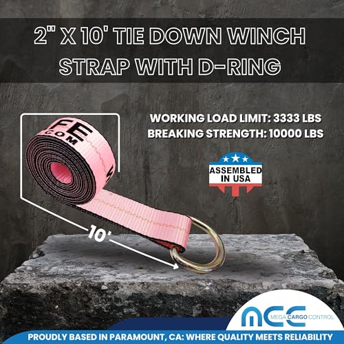 Image of Mega Cargo Control 2 inch x 10' D-Ring Lasso Strap & Recovery Auto Tie Down for Wheel Lift, Trailer, Tow Truck (4 - Pack)