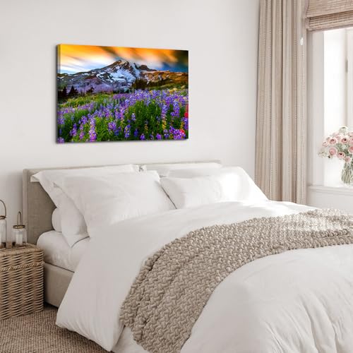 Image of Nature Flowers Landscape Wall Art Mountain Canvas Artwork Purple Floral Picture Wall Decor, Modern Wilderness Scenic Framed Painting for Living Room Bedroom Bathroom Office Home Decoration 32x48 inch