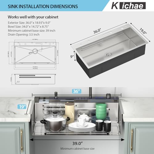Image of Kichae 36 x 19 Smart Waterfall Kitchen Sink Stainless Steel Digital Display