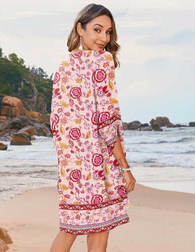 Image of Zeagoo Womens Boho Dresses Casual Beach Summer Dress Tassel Tie Neck 3 /4 Long Sleeve Mini Sundress 2026 Floral Print Cover Up