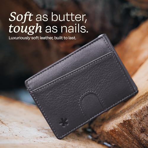 Image of Swear Brands Full Grain Leather Wallet with RFID Blocking & Money Clip - Minimalist Bifold Wallet Holds 12 Cards - Easy Access Pull Tab - Ethically Sourced (Grey)