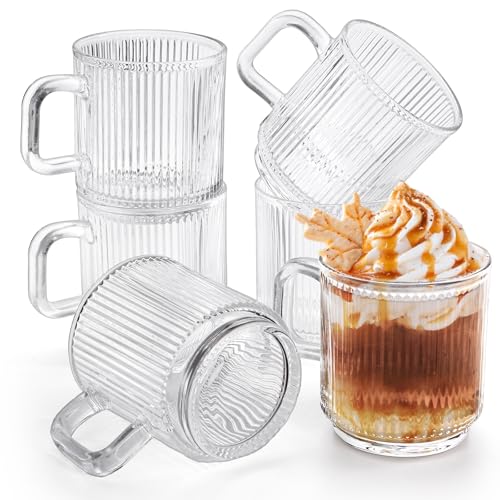 Noamus 6 Pack Premium Glass Coffee Mugs with Handle, 12 Oz Classic Vertical Stripes Glass Tea Cups,...
